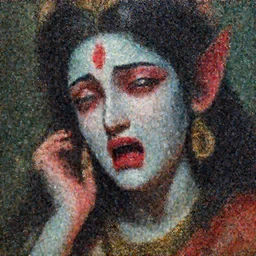 A cinematic crying closeup portrait of the Hindu demon goddess of grief despair and sorrow, by Syd Mead, by Paul Lehr, by Wayne Barlowe, by Bruce Pennington, by Zdzisław Beksiński, oil on canvas, masterpiece, trending on artstation, featured on pixiv, cinematic composition, astrophotography, dramatic pose, beautiful lighting, sharp, details, details, details, hyper-detailed, no frames, 8K