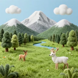a meadow made of wool, felt mountains in the background, wool trees and forest, felt river, wool clouds, wool deer, an award winning artwork, realistic, beautiful, high quality, professional, raytracing effects