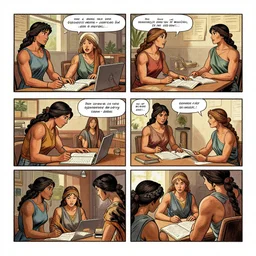 a complete page of an epic graphic novel about muscular women studying latin in college, 2 1 st century