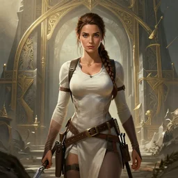 Lara Croft visiting Minas Tirith, intricate, elegant, highly detailed, centered, digital painting, artstation, concept art, smooth, sharp focus, illustration, Allan Lee, John Howe