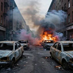 post - apocalyptic kreuzberg streets covered in colorful smoke, burned cars, explosions, hyperrealistic, gritty, damaged, dark, urban photography, photorealistic, high details