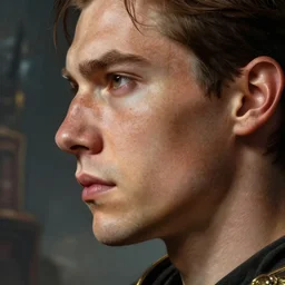 dungeons and dragons fighter character closeup side profile portrait, dramatic light, epic background, 2 0 0 mm focal length, painted by stanley lau, painted by greg rutkowski, painted by stanley artgerm, high detail, real life skin, freckles, 8 k, stunning detail, works by artgerm, greg rutkowski and alphonse mucha, unreal engine 5, 4 k uhd, digital art, trending on artstation