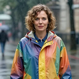 a forty year old woman with short wavy curly light brown hair and blue eyes wearing a colorful raincoat in the rain. by artgerm and greg rutkowski and ilya kuvshinov