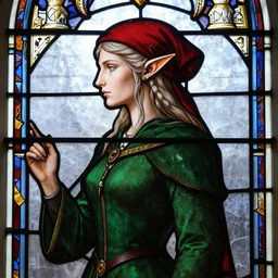 side - view portrait of the elf iorveth from the witcher 2, elegant, green coat, red cap, 1 5 th century stained glass window, very masterful