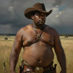 a beautiful dramatic epic painting of a chubby black man | he is shirtless and wearing a cowboy hat and leather harness | prairie setting | homoerotic, highly detailed, dramatic lighting | by Mark Maggiori, by William Herbert Dunton, by Charles Marion Russell | trending on artstation