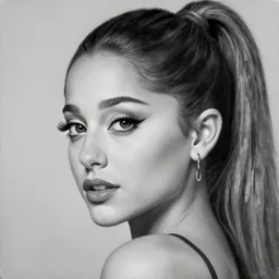 A close up, black and white oil painting of Ariana Grande