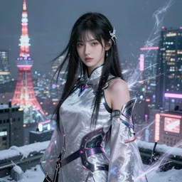 portrait futuristic superb cyberpunk young female Summoner, in futuristic snowy thunder flashing tokyo rooftop cyberpunk night, ssci-fi, fantasy, intricate, very very beautiful, elegant, neon light, highly detailed, digital painting, artstation, concept art, soft light, hdri, smooth, sharp focus, illustration, art by tian zi and craig mullins and WLOP and alphonse mucha