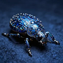 highly detailed scarab high quality photo with jeweled gorgeous moody blue lighting octane low angle hd 8k sharp shallow depth of field
