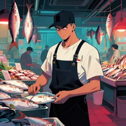 tokyo fish market worker in the style of vincent di fate's cyberpunk 2 0 2 0.