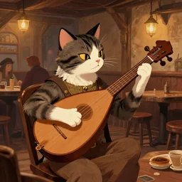 a tabaxi (cat person) playing a lute in a full tavern, color dnd illustration, in the style of marc simonetti and james gurney, trending on artstation.