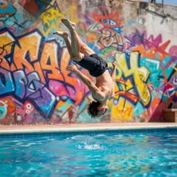 backflip into a pool caustics fluid simulation lighting impressive colorful masterpiece graffiti hyper perspective textured detailed intricate sharp focus 8 k