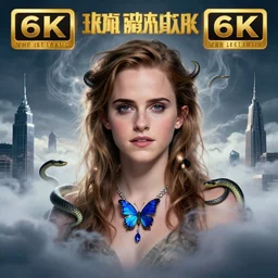 hyperrealistic portrait of emma watson as a a nymph, sapphire butterfly jewellery, snakes emerging from mystic fog smoke, above the clouds skyscrapers. by jeremy mann, fantasy art, photo realistic, dynamic lighting, artstation, poster, volumetric lighting, 4 k, award winning