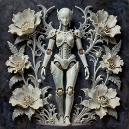 the most beautiful perfect symmetric breathtaking artwork ever made. cutout of an intricate porcelain android in the dark. unholy goth neo steampunk cyberpunk photorealistic foreshortening depth of field 4 k 8 k unreal engine octane render oil painting watercolor photoshop trending on artstation by novak. carvings in the shape of flowers