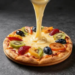 large amount of melted cheese on the so delicious fruits pizza cake hamburger on the table, beacons, worm dynamic lighting, pierre herme paris, godiva products photo