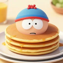 a photorealistic photograph of a pancake looking like cartman from south park. bright scene. fine detail. this 4 k hd image is trending on artstation, featured on behance, well - rendered, extra crisp, features intricate detail, epic composition and the style of unreal engine.