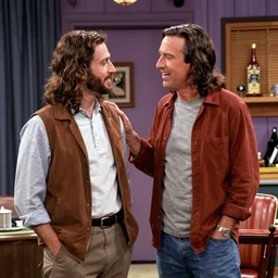 Photo still of Jesus Christ in 1990s clothing talking in Jerry Seinfeld's apartment, in the style of the TV show Seinfeld (1994)