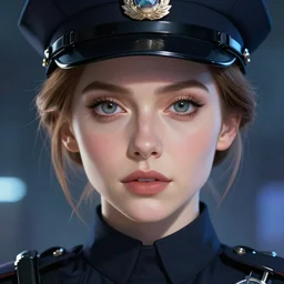 anime key visual of elizabeth olsen police officer, cyberpunk, futuristic, perfect eyes, stunning features, very perfect face!!!, high details, digital painting, artstation, smooth face, soft focus, illustration, art by artgerm and greg rutkowski and alphonse mucha