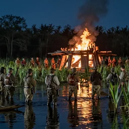 a movie still of a crowd of hunters in a swamp with a heavy burning woodhouse by night heavy fire, cinestill 8 0 0 t 3 5 mm, heavy grain, high quality, noir, natural textures, photorealistic, natural textures, ambient occlusion, hd, rain