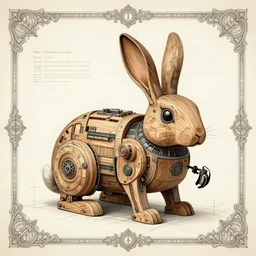 full page scan of detailed concept art of very technical and detailed blueprint of a rabbit wood robot, intricate details, ultra - detailed, baroque style, illustration, desaturated, concept art, ornate symbolic border
