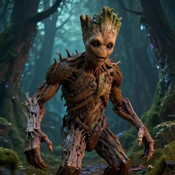 hyper realistic photographie of a highly detailed horrible and cruel creature made of wood by night. groot style. magical forest background. complex and highly detailed, no noise, no grain, clear render, no blur, horror movie scene, octane render, greg rutkowski style.