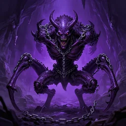 brutal monster, quadrupedal, covered in chains, angry, demonic, horror, death, cave background, gloom purple,, shapely, extremely detailed, smooth, sharp focus, digital illustration, by artgerm, rossdraws, sakimichan, hd