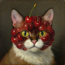 a cat head made out of cherries by giuseppe arcimboldo, oil on canvas
