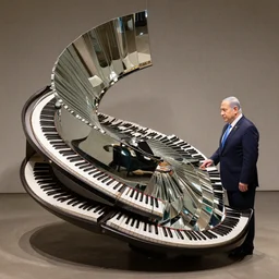 benjamin netanyahu, spiraling floating piano, mirrors, by michael cheval