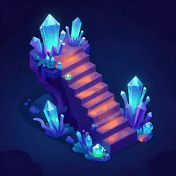 mobile game asset, isometric staircase with crystals, organic low poly vector design, the stair has bioluminescent alien - like plants of pandora growing along the staircase, aesthetic of avatar's alien nature. very dark place at blue night, purple cyan, orange smooth glowdodge dark light, photoshop filter cartoon texture behance hd
