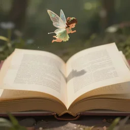 you can see a big old open book in close - up. above the book floats a small sweet fairy, digital painting, fantasy art