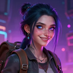detailed character face portrait of a skinny feminine alt art concept art androgynous adventurer merchant salesman rucksack smirking artgerm greg rutkowski mucha ross tran magical atmosphere neon colors