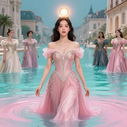 lee jin - eun in luxurious dress emerging from pink and turquoise water in renaissance city during an eclipse by takato yamamoto, nicola samuri, conrad roset, m. k. kaluta, martine johanna, rule of thirds, elegant look, beautiful, chic, face anatomy, cute complexion