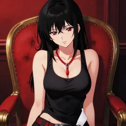 sexy girl with black hair, wearing a low cut tanktop and red necklace, sitting in a chair, red and black color palette, in the style of greg rutkowski and ilya kuvshinov, high quality anime artstyle, intricate