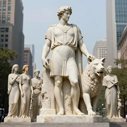 long shot photo of a soapstone Art Deco statue Hades wearing a tunic, long pants,Cerberus on his side,sculped by Paul Landowski,Jean Dupas, Tamara de Lempicka, Reginald Marsh, Rockwell Kent, and Diego Rivera,beared,long shot,wide shot,low angle,Sigma 85 mm,very detailed,unreal-engine,city in the background