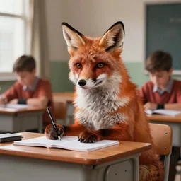 portrait of a fox sat at a school desk doing schoolwork, trending on artstation, highly detailed, digital painting, volumetric light, concept art, middle focus, illustration, lighting by Marc Adamus, daren bader, aleksi briclot, rutkowski, bouguereau