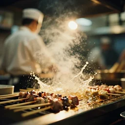 a 2 8 mm macro photo from the back of a yakitori chef cooking in a commercial kitchen, splash art, movie still, bokeh, canon 5 0 mm, cinematic lighting, dramatic, film, photography, golden hour, depth of field, award - winning, anamorphic lens flare, 8 k, hyper detailed, 3 5 mm film grain
