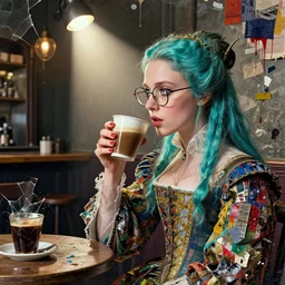 an elizabethan girl from london with turquoise hair wearing glasses, drinking coffee in a coffee shop, side portrait, passionate, spotlight, dramatic, paint drips, textiles, collage, mixed media, paint splatter, scraps, vibrant colors, futuristic clothing, beautiful eyes, broken glass, by marco paludet, by jeremy mann, by hannah hoch