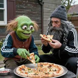 Gollum and Gendalf in adidas tracksuit eats pizza trail cam