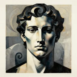 epic concept art. abstract male supermodel face silhouette mixing with black and color liquid fluid. abstract sculpture. art deco swirls. masterpiece, michelangelo. concept art, matte painting. symbolism. section d'or, futurism, cubism, modernism. greg rutkowski, wlop, victo ngai, kandinski
