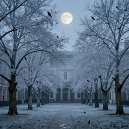 The white trees in the atrium are inhabited by crows, The cold dew is silent and wet, Tonight the moon is bright and people are looking at it, I don't know who's home for autumn thoughts.