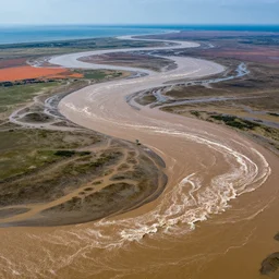 wide angle shot of muddy river delta and sea by hiroshi yoshida, roger deakins, turner, rothko, hyperrealism, turbulent alien vivid landscape, matte painting, top view, trending on artstation, 8 k high detail concept art, rendered in octane