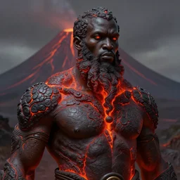 stunning congolese god of volcano portrait, beard made of lava, muscular, lava, fantasy, intricate, elegant, highly detailed, digital painting, artstation, concept art, smooth, sharp focus, illustration, art by krenz cushart and artem demura
