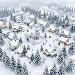 a christmas village, aerial view, snowing, pine trees, victorian era