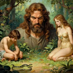 Close-up of God being angry in the Garden of Eden. Adam and Eve look very guilty and the snake is leaving the scene quietly - elegant, highly detailed, centered, Joseph Christian Leyendecker,  Boris Vallejo, Artgerm