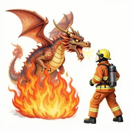 firefighters against a fire - breathing dragon, pencil art, fire, colorful