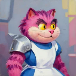 greg manchess portrait painting of armored cheshire cat from alice in wonderland as overwatch character, medium shot, asymmetrical, profile picture, organic painting, sunny day, matte painting, bold shapes, hard edges, street art, trending on artstation, by huang guangjian, gil elvgren, ruan jia, randy vargas, greg rutkowski