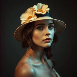 a portrait of a young beautiful woman with a flower hat on, cinematic lighting, studio quality, high quality, smooth, sharp focus, circa 1 9 0 5, vintage, single face