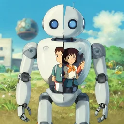 a robot cut in half. cgsociety masterpiece, artstation trending, by rossdraws, ghibli, kimi no na wa, greg rutkowski, simon stalberg, greg manchess