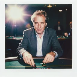 analog polaroid portrait of larry david playing poker, sunlight, reflection, sparkles, lensflare, film grain, 8k, color bleed