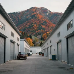 warehouses lining a street, with an autumn mountain directly behind, lens compressed, photography