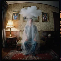 kodak portra 4 0 0, wetplate, fisheye, award - winning portrait photo by britt marling, 1 9 2 0 s room, ghost, chaos, messi, picture frames, a cloud, dust, 1 9 2 0 s furniture, wallpaper, carpet, shining lamp, muted colours, wood, fog,